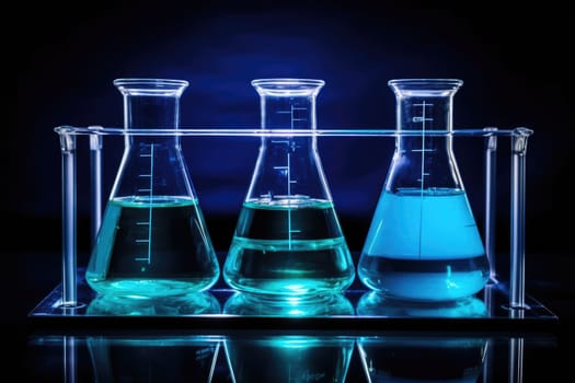 Laboratory equipment beakers and flasks with blue liquids with backlight in different group. AI Generated