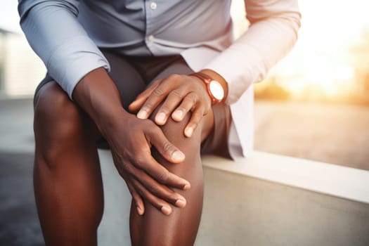 Health problems. Joint pain, Arthritis and tendon problems. a man touching nee at pain point. AI Generated