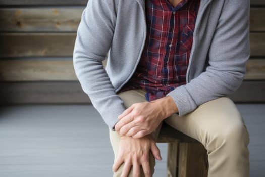 Health problems. Joint pain, Arthritis and tendon problems. a man touching nee at pain point. AI Generated