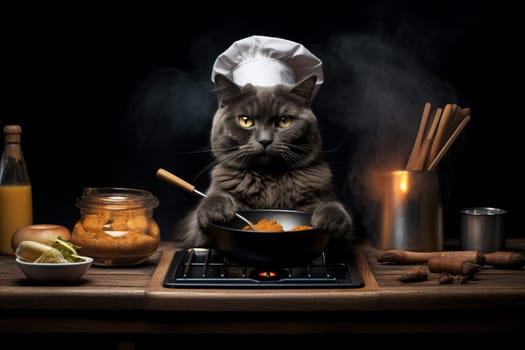 Black cat wearing chef hat and cooking in kitchen with various pots and pans. Puss holding utensils in its paws over black background with water vapor