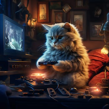 Cute tabby cat is enjoying gaming session on computer. The cat is wearing black headphones and looking at the screen with curiosity. The desk has assorted technology equipment