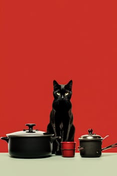 Sleek and elegant black cat sitting on red background with two pots and mug. The cat has calm and confident expression. The image is suitable for advertising, design, or art projects.