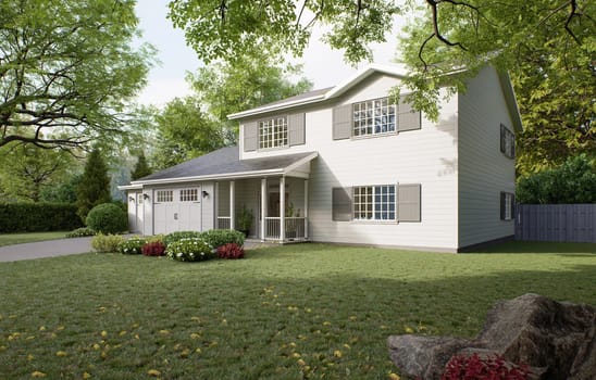 Traditional American home with two garages, a driveway and a large tree. A two-story house with a mowed lawn. 3d render