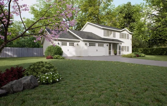 Traditional American home with two garages, a driveway and a large tree. A two-story house with a mowed lawn. 3d render