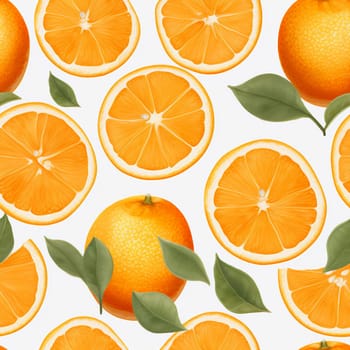 Fresh and vibrant seamless pattern of orange fruit and leaves on a white background. The pattern is suitable for textile, wallpaper, packaging, or web design.
