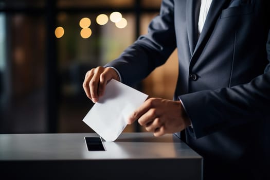 A male voter places a ballot in the ballot box. The concept of freedom, democracy. Blurred background.