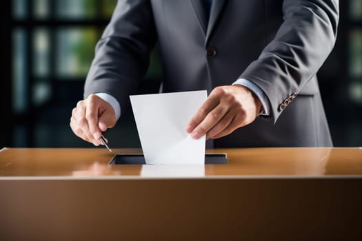 A male voter places a ballot in the ballot box. The concept of freedom, democracy. Blurred background.