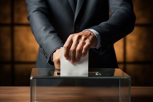 A male voter in a business suit places a ballot in a glass ballot box. The concept of freedom, democracy. Blurred background.
