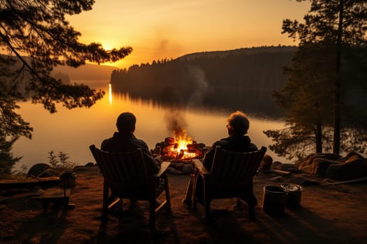 Two elderly men are sitting in armchairs on the shore of a pond near a fire. Old friends, camping.