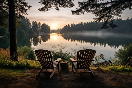 Two chairs for relaxing on the bank of a calm river in the forest. Camping, recreation.
