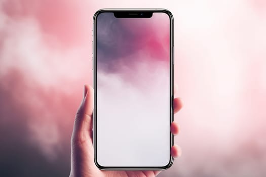 Smartphone in hand with pink smoke screensaver on the screen. On a blurred background.