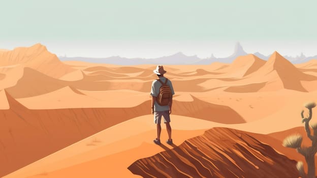 desert man adventure arid survival exploration hike dry male travel sand journey walking backpack landscape solitude trek wilderness outdoor nature person. Generative AI.