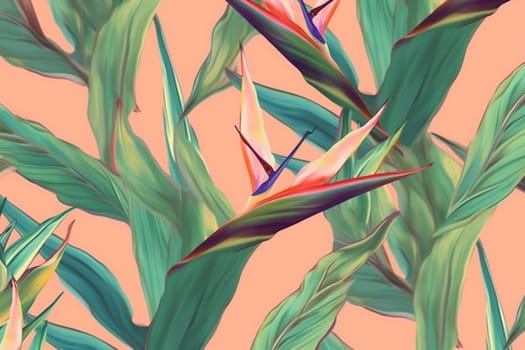 leaf seamless orange green summer nature background tropical red colorful pink floral hibiscus art pattern illustration flower jungle fashion trendy. Generative AI.