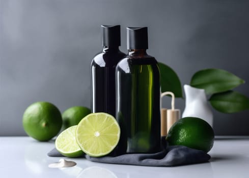 body treatment lemon lifestyle lime spa natural aroma bottle organic medicine skincare oil wellness green shower gel health eco essence freshness. Generative AI.