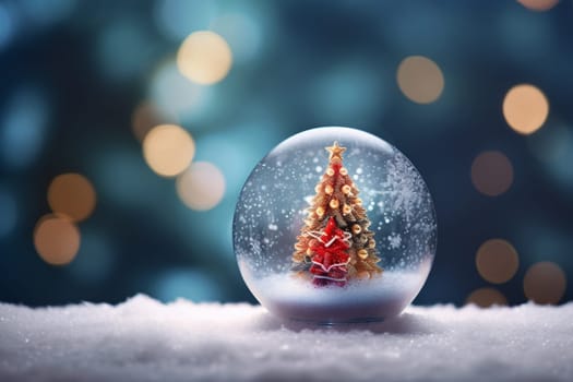 Christmas tree inside a glass ball on dark blurred background with copy space. Christmas and New Year concept.