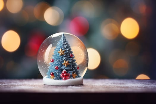 Christmas tree inside a glass ball on dark blurred background with copy space. Christmas and New Year concept.