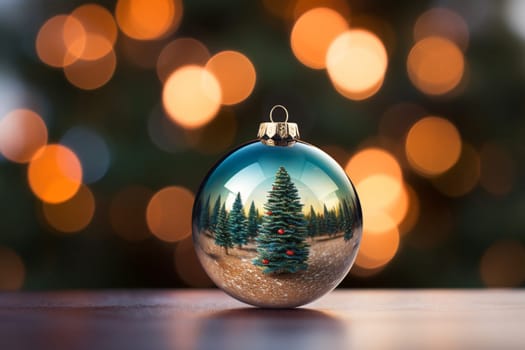 Christmas tree inside a glass ball on dark blurred background with copy space. Christmas and New Year concept.