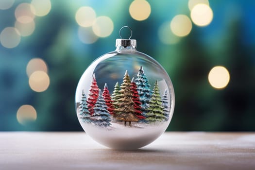 Christmas tree inside a glass ball on dark blurred background with copy space. Christmas and New Year concept.