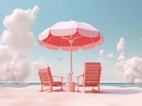vacation white umbrella parasol shore relax relaxation sun retro poster chair pink coast sand lounge concept holiday summer sky blue. Generative AI.