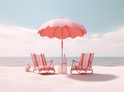 illustration water parasol holiday umbrella retro vacation leisure sand white sun chair banner pink sky shore colorful lifestyle summer coast. Generative AI.