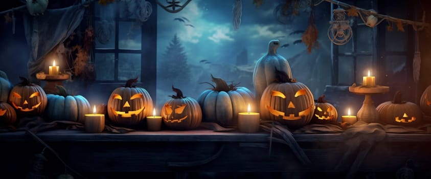halloween poster blue table background mystery glowing evil scary tree sky wood candle fear horror jack-o-lantern light spooky night pumpkin cemetery. Generative AI.