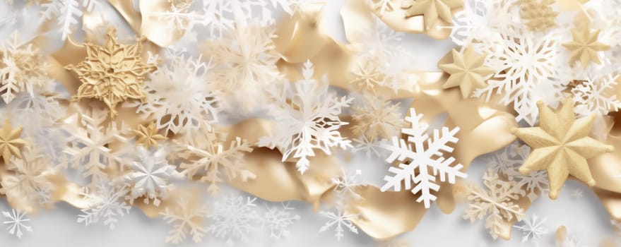 decoration shine holiday snowflake celebration ornament greeting party winter celebrate card glow background snow abstract christmas gold white pattern season shiny. Generative AI.