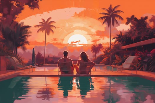 swimming woman back relax vacation sunset island honeymoon jungle anniversary pool sun romantic travel couple paradise wellness infinity patio sunrise. Generative AI.