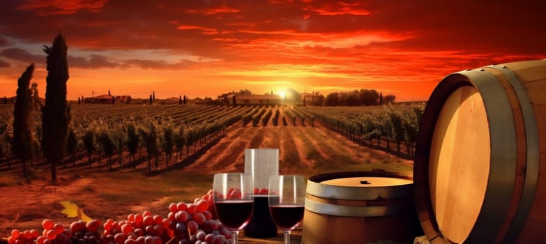 sunset glass drink taste tasting red wood grape vineyard plant barrel vine alcohol wine natural winery beverage grapevine background bottle. Generative AI.