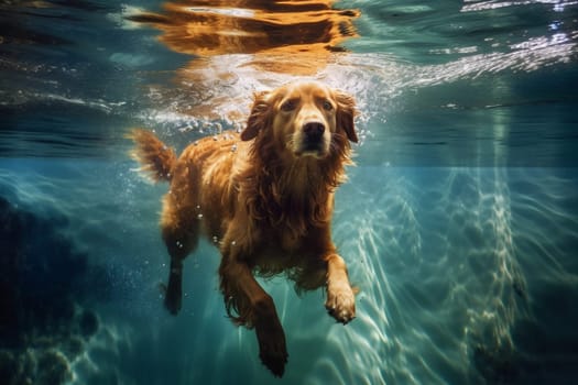 snorkeling dog summer fit animal ocean swimmer underwater funny breed water retriever vacation playful fun swimming holiday golden puppy exercise pool. Generative AI.