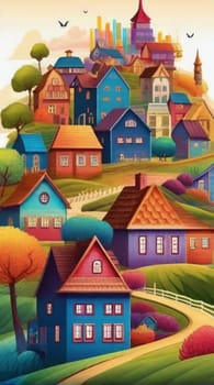 High quality, beautiful and fantastically designed silhouettes of colorful village, houses, buildings and landmarks due to gravitational waves, awesome full color, art ai generated