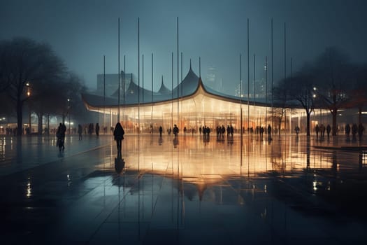 Modern city after rain in the evening in the light of lanterns.