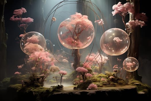 Mystical mysterious forest with pink flowers, bubbles and moss on the trees.