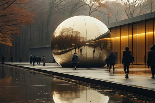 Modern architecture of the autumn city, a large mirror ball on the street.