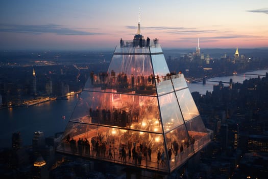 A modern glass building in the form of a pyramid rises above the metropolis.
