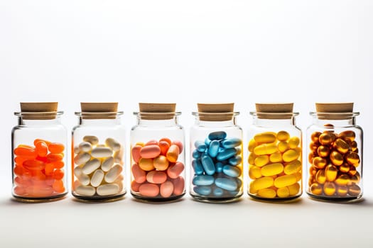Six glass jars with different pills, vitamins on a white background.