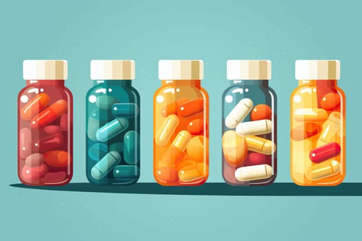 Glass jars with different tablets, vitamins on a turquoise background.