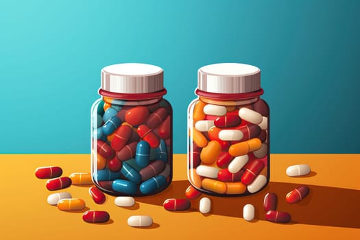 Two jars with pills, vitamins of different colors, a scattering of pills next to each other on a colored background.