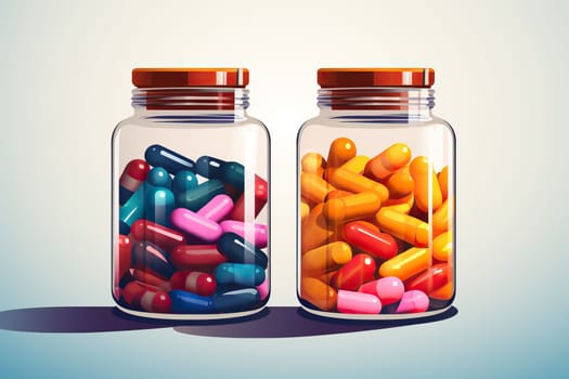 Two jars with color pills, vitamins on a white background in a flat style.