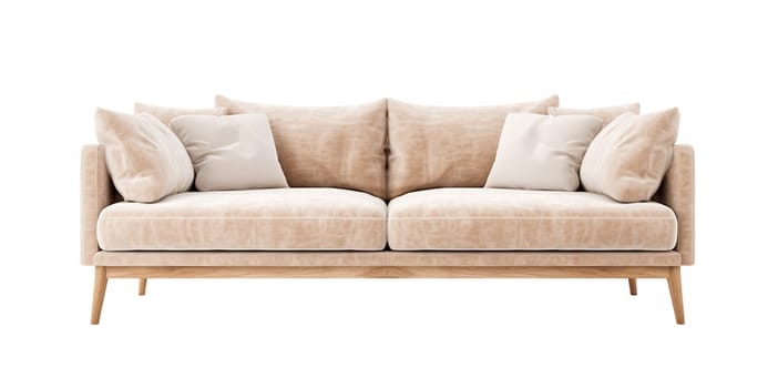 Chic Scandinavian-style sofa in beige with clean lines and plush cushions, set on natural wood legs. Couch isolated on white background. Cut out furniture. Front view. Generative AI