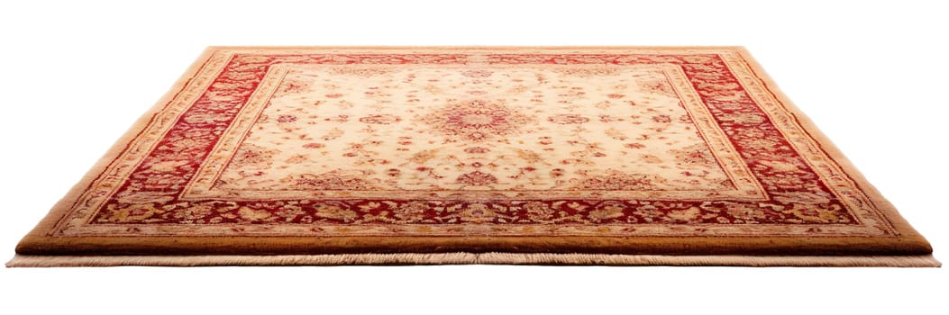 Elegant traditional Persian carpet with intricate red and gold patterns, fringed edges, ideal for classic interiors, isolated on a white background. Cut out home decor. Front view. Generative AI