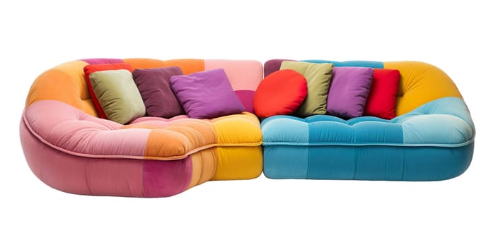 Modern multicolor curved sofa with a harmonious blend of warm and cool tones and assorted throw pillows, isolated on a white background. Cut out furniture. Front view. Generative AI