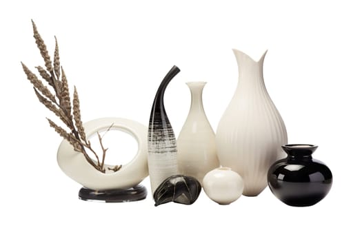 Modern home decor ensemble featuring a variety of vases in contrasting colors and shapes, with dry ornamental grass, isolated on white background. Interior accessories, cut out. Generative AI