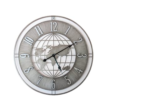 Wall clock in the shape of a world map in gray color isolated on a white background. High quality photo