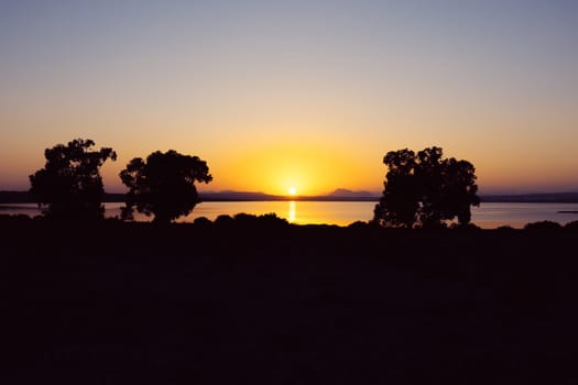 Photo of a beautiful sunset against the backdrop of trees and a lake. There is a place for an inscription. Beautiful photo of nature at sunset. High quality photo