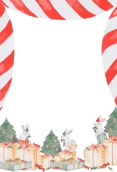Watercolor Christmas card with cute bunnies and gift boxes. Frame with rabbits template on a white background for holiday cards and invitations.