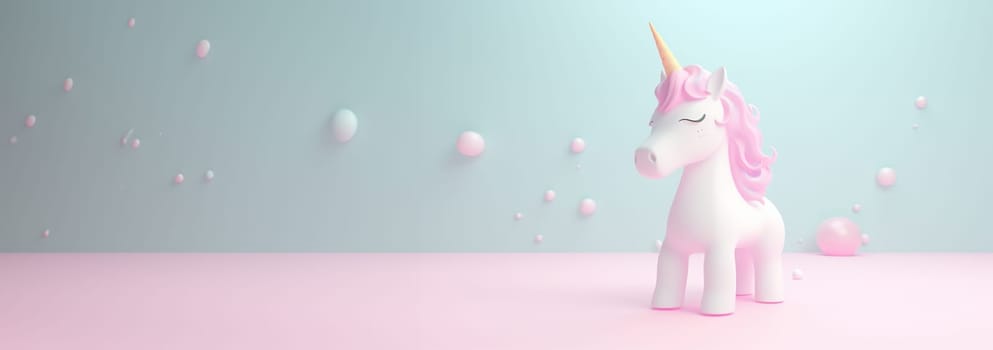 Cute unicorn pastel colored background. Magic fairy tale character unicorn 3d illustration for girls. Magic fairy tale unicorn print for clothes, stationery, books, goods. Toy Unicorn 3D character banner, background. Copy space Space for text web banner