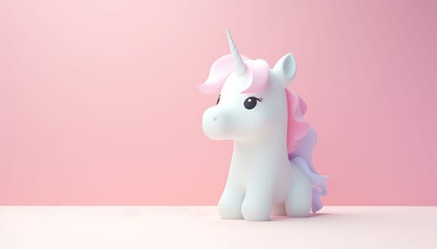 Cute unicorn pastel colored background. Magic fairy tale character unicorn 3d illustration for girls. Magic fairy tale unicorn print for clothes, stationery, books, goods. Toy Unicorn 3D character banner, background. Copy space Space for text