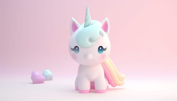 Cute unicorn pastel colored background. Magic fairy tale character unicorn 3d illustration for girls. Magic fairy tale unicorn print for clothes, stationery, books, goods. Toy Unicorn 3D character banner, background. Copy space Space for text