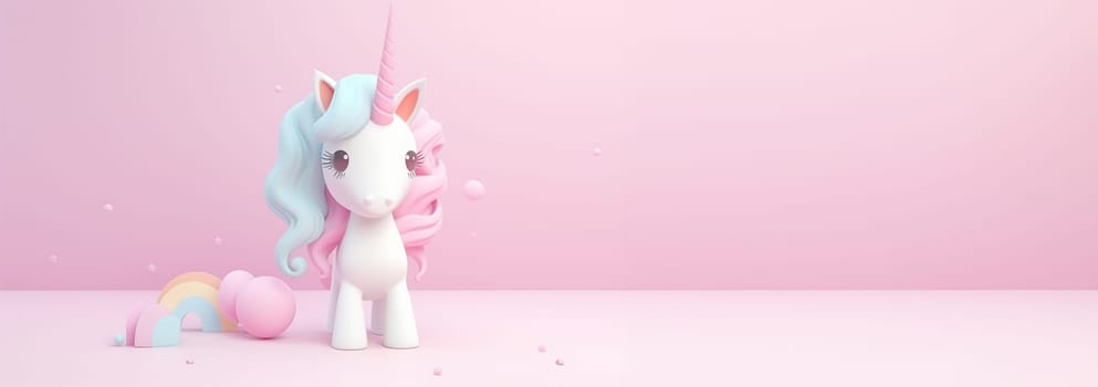 Cute unicorn pastel colored background. Magic fairy tale character unicorn 3d illustration for girls. Magic fairy tale unicorn print for clothes, stationery, books, goods. Toy Unicorn 3D character banner, background. Copy space Space for text web banner