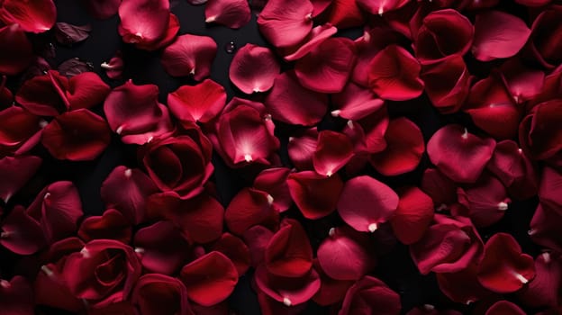 Red rose petals on a black background. Love and passion concept AI